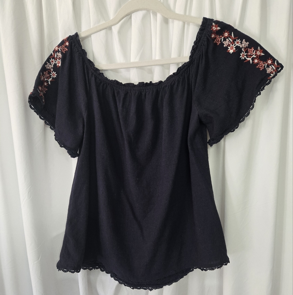 Floral Embroidered Navy Print Boho Linen Blend Blouse Size S - Picture 2 of 7